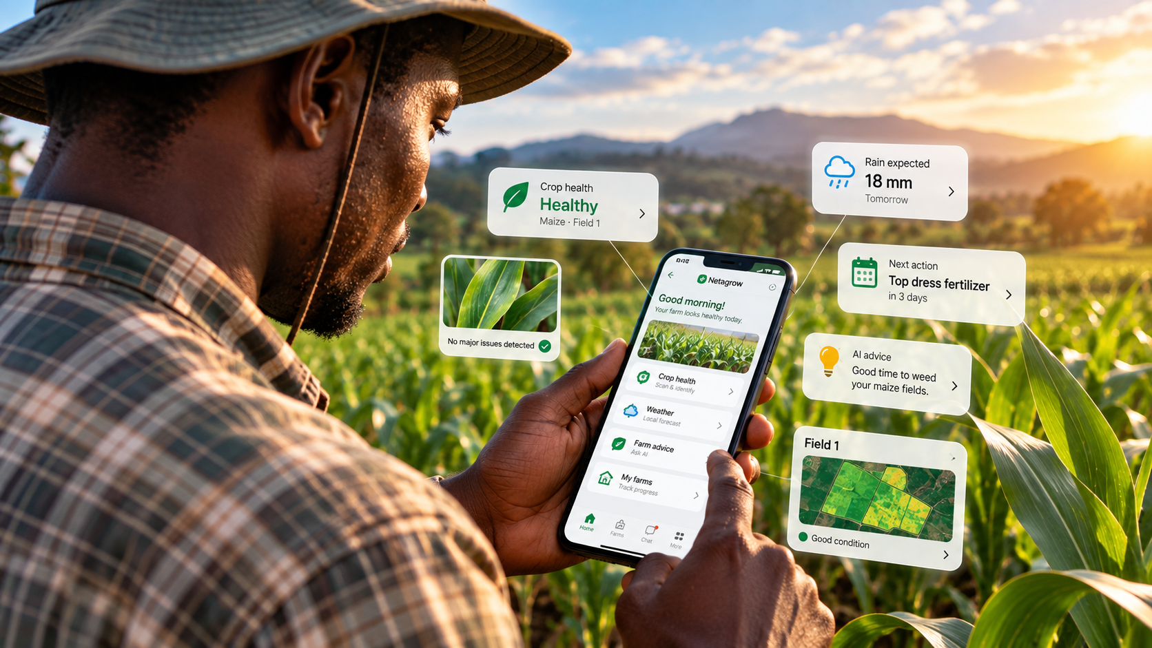 Illustration of a farmer using the Netagrow app — crop health, weather, and field alerts