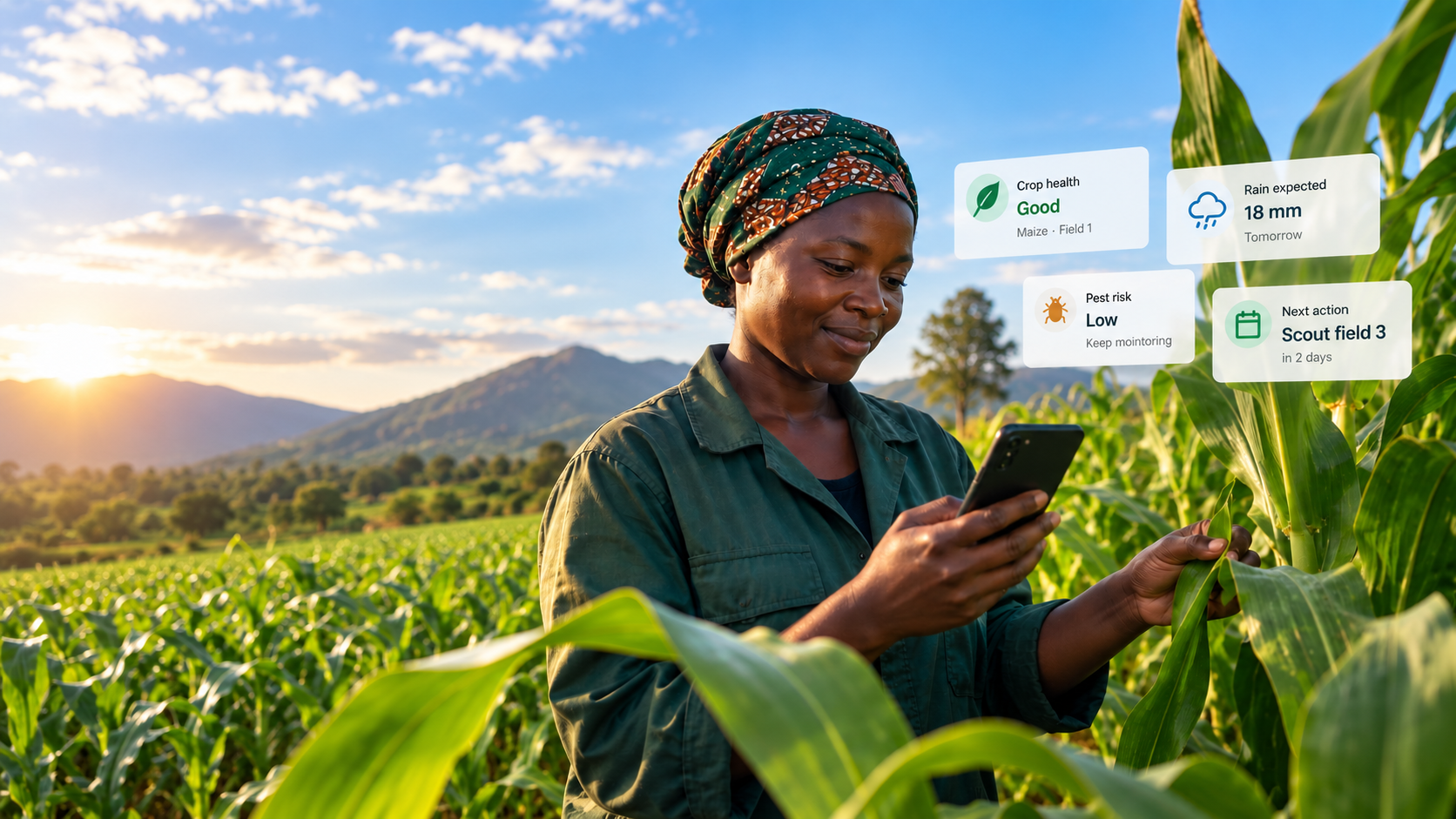 A Zambian farmer checking her maize field with the Netagrow app