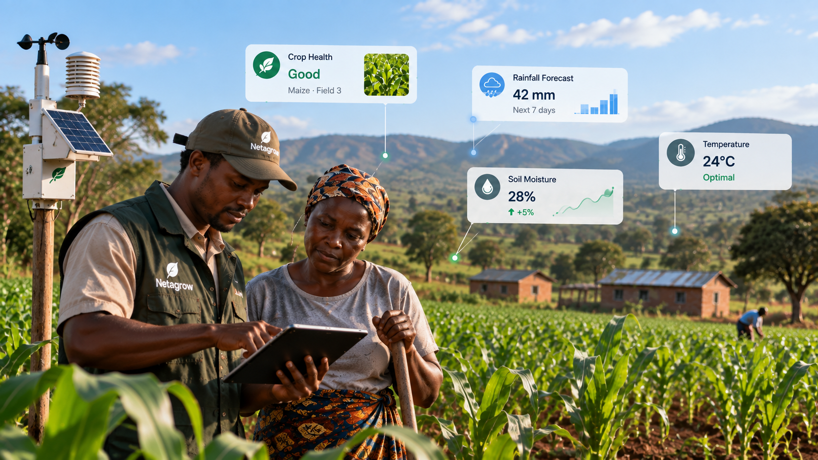 A Netagrow field team member and farmer reviewing crop health, rainfall, soil moisture, and temperature data