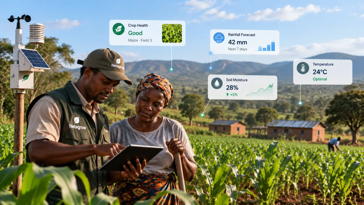 A Netagrow field team member and farmer reviewing crop health, rainfall, soil moisture, and temperature data